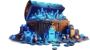 A treasure chest filled with coins and bottles of Vodka Online Casino, symbolizing the main tournament at Vodka Internet Casino.