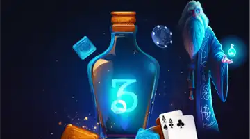 A glowing blue bottle and a wizard, representing the addition of new games at Vodka Online Casino.