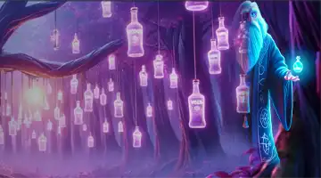 An image of a mystical forest with floating bottles, representing the cashback bonus at Vodka Casino with a magical atmosphere.