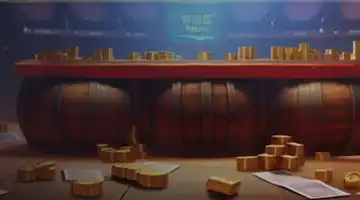 A scene of barrels and scattered coins, representing the jackpot tournament at Vodka Internet Casino.