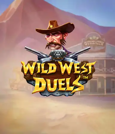 Dive into the daring world of "Wild West Duels" by Pragmatic Play, featuring a tough gunslinger ready for a showdown. The image displays a stern cowboy with crossed pistols, set against a dusty Western town. His sharp gaze and elaborate attire embody the spirit of the Old West. The game's title is clearly displayed in a rustic font, complementing the action-packed theme.